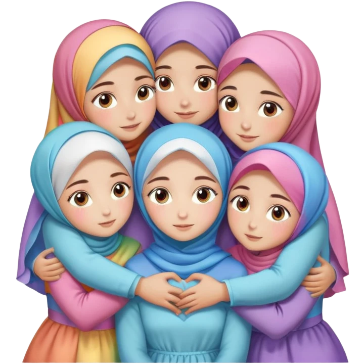 Four sister hugs Turkish girls beautiful finish Konya brown and blue eyes with rainbow pastel hijab and heart dress and hugs  emoji