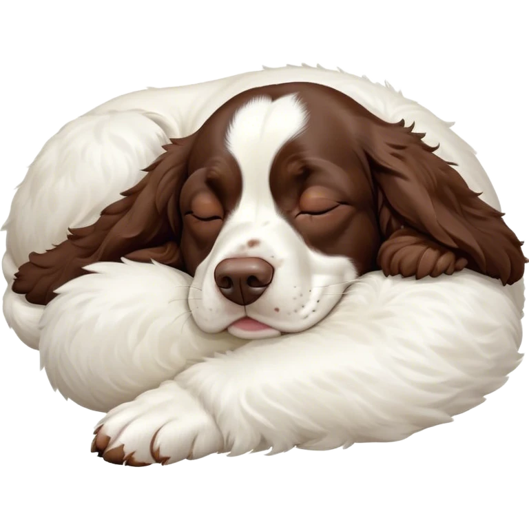 Meme-Worthy Cute Sleeping Springer Spaniel Portrait Emoji, Head resting peacefully with a contented smile, showcasing a delightfully agile build and a luxuriously soft liver and white Fur, eyes shut in a serene nap, Simplified yet hilariously adorable features, highly detailed, glowing with a soft, drowsy light, high shine, relaxed and utterly lovable, stylized with an air of playful laziness, bright and heartwarming, soft glowing outline, capturing the essence of a comically sleepy companion, so meme-worthy it feels like it could instantly become the next viral sensation of adorable slumber! emoji