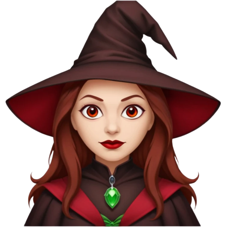 Wicked Witch of the East from the Wizard of Oz with light skin, red eyes, brown long hair, dark red outfit emoji