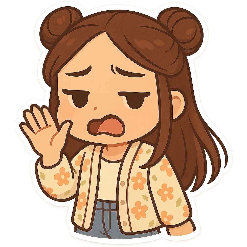 Create a chibi sticker of the girl from the reference image. She has brown straight hair in double buns, brown eyes, wearing a pastel floral cardigan and jeans. She is fanning her face with her hand and making a 'yuck' face. The sticker should have a white outline and transparent background, 512x512px. emoji