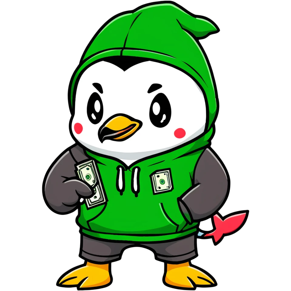 A cute half-dolphin half-penguin thug character with a gun, wearing a blood-splattered green hoodie and Dollar General shorts emoji