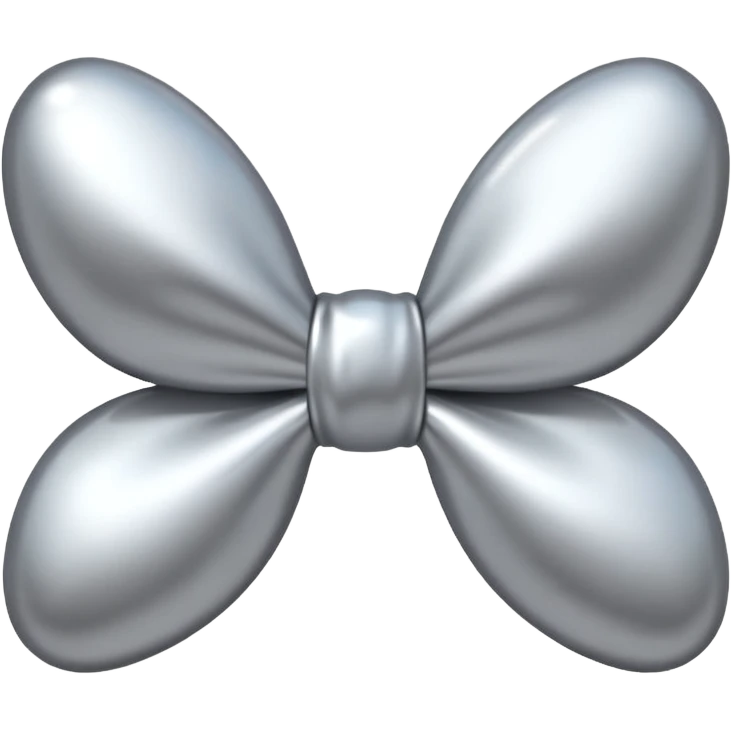 A cute bow emoji made of polished silver chrome, smooth rounded loops, glossy metallic surface, soft mirror reflections, subtle highlights, minimal and adorable proportions, iOS emoji style, centered composition, clean white background, soft studio lighting, no text, no outline, ultra high quality emoji