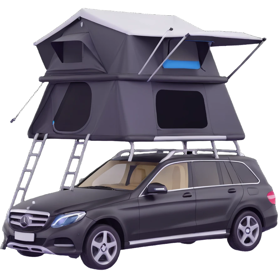 black Mercedes Benz car with roof tent emoji
