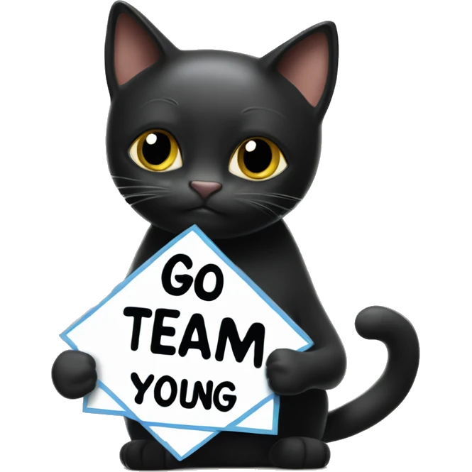 Black cat holding a sign that says “go team young Sheldon” emoji