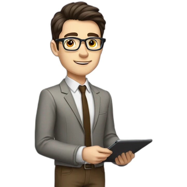 Pale skinned fit man with dark brown hair in gray jacket, beige office shirt, brown tie, brown pants and vintage glasses Writing on the tablet emoji