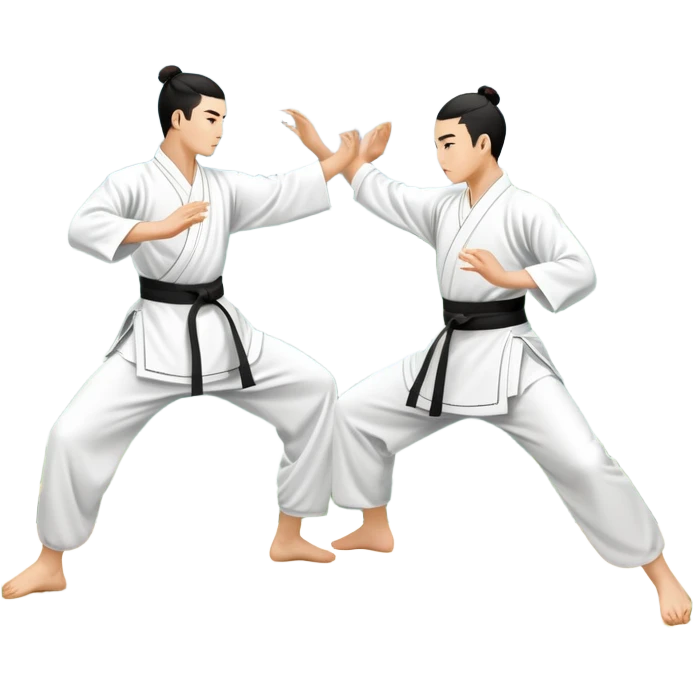 Two martial artists in traditional Wushu attire, performing elegant, fluid moves. The background shows a peaceful, scenic landscape with mountains and bamboo trees, symbolizing the balance of power and grace in Wushu.  emoji