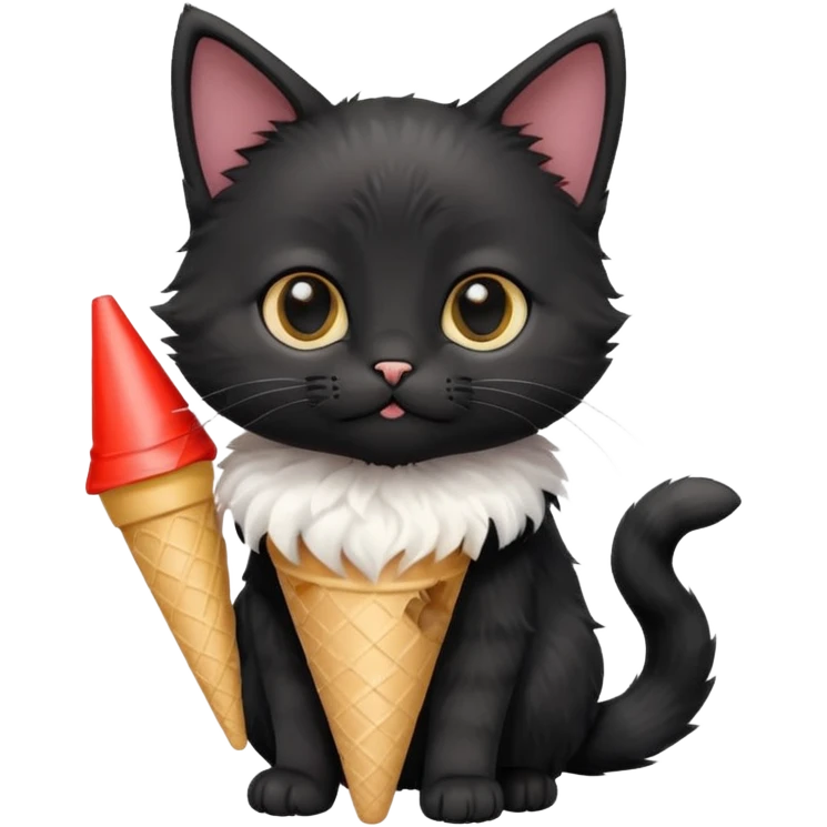 A mostly black kitten with a white chest and a plastic cone on emoji