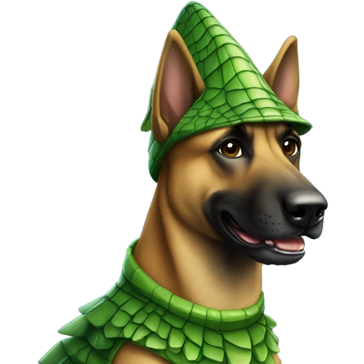 a malinois wearing an alligator costume emoji
