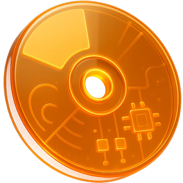 A minimalist CD disc with abstract pattern, glowing effect, orange color scheme emoji