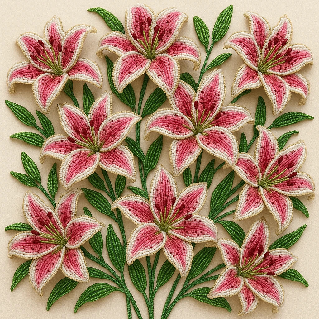 french beaded stargazer lilies, twelve flowers, vibrant pink and white, intricate beading, green stems and leaves, arranged artistically, close-up, realistic emoji