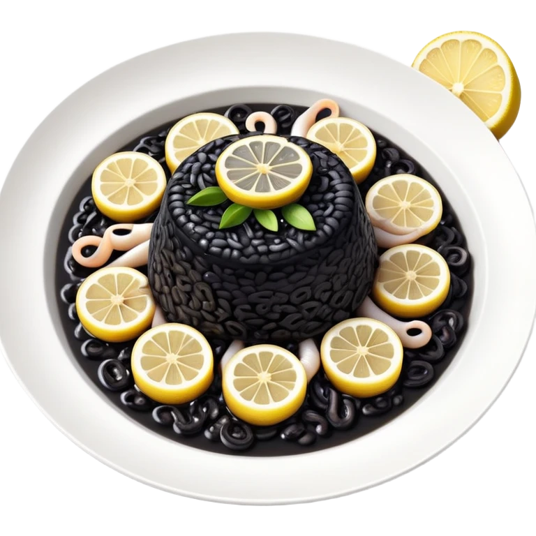 cinematic-realistic-black-risotto-dish,-showcasing-small squid pieces-rendered-with-bold-textures-and-dynamic,-dramatic-lighting in a white plate with a grilled lemon on top emoji