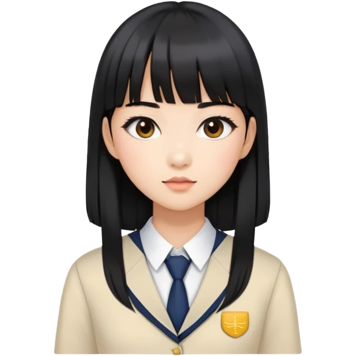 stylish woman with Asian skin, school uniform, long straight black hair with bangs, and soft makeup emoji