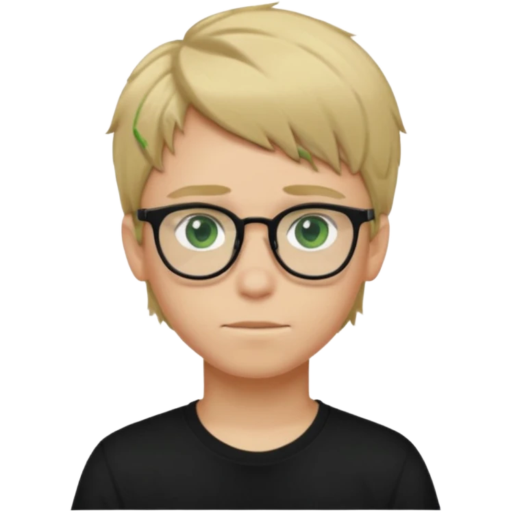 Generate me a profile picture like with a teenage boy who has dirty blond hair, green eyes, glasses and a black t-shirt emoji