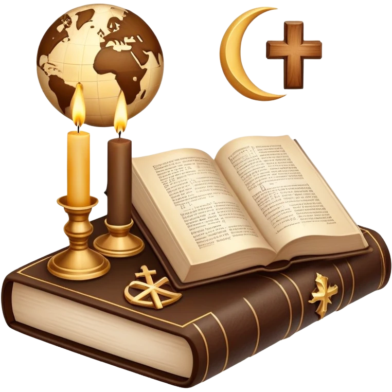 An icon featuring a holy book, a candle, and a cross, symbolizing religious studies. The design includes a globe with various religious symbols like a crescent moon and a star, representing the diversity of beliefs. Transparent background highlights the exploration of world religions emoji