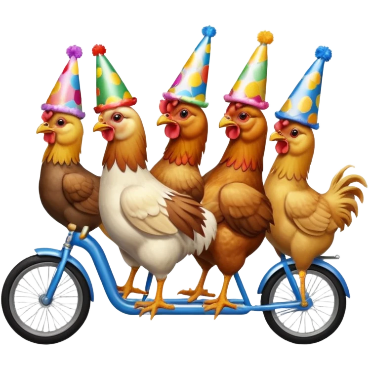 Ten chickens riding  a partybike while drinking beer emoji