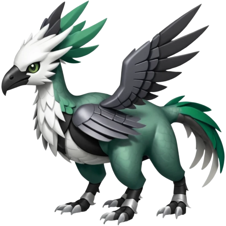 Shiny Black Grey White and Dark-Green Trico-Skarmory-Silvally-Skiddo-Sprigatito-Absol-fusion (full body) emoji
