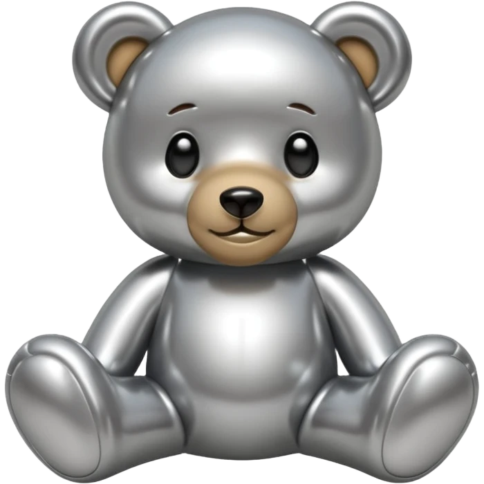 A cute teddy bear emoji made of liquid silver chrome, smooth rounded body, glossy metallic surface, soft reflections, friendly proportions, iOS emoji style, centered, clean white background emoji
