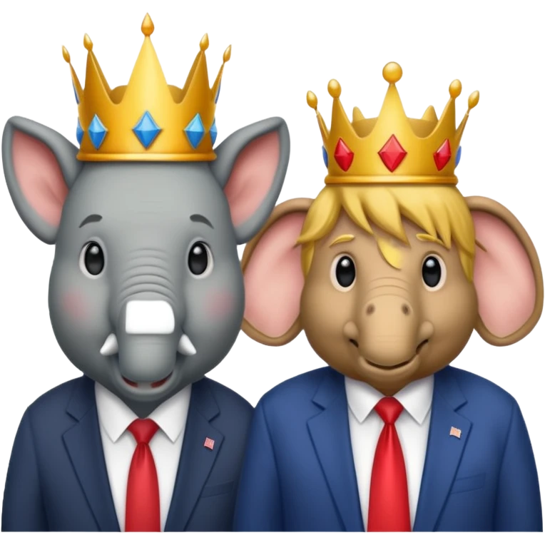 Democratic Party elephant facing Republican Party donkey with face of Donald Trump wearing a crown in between them emoji