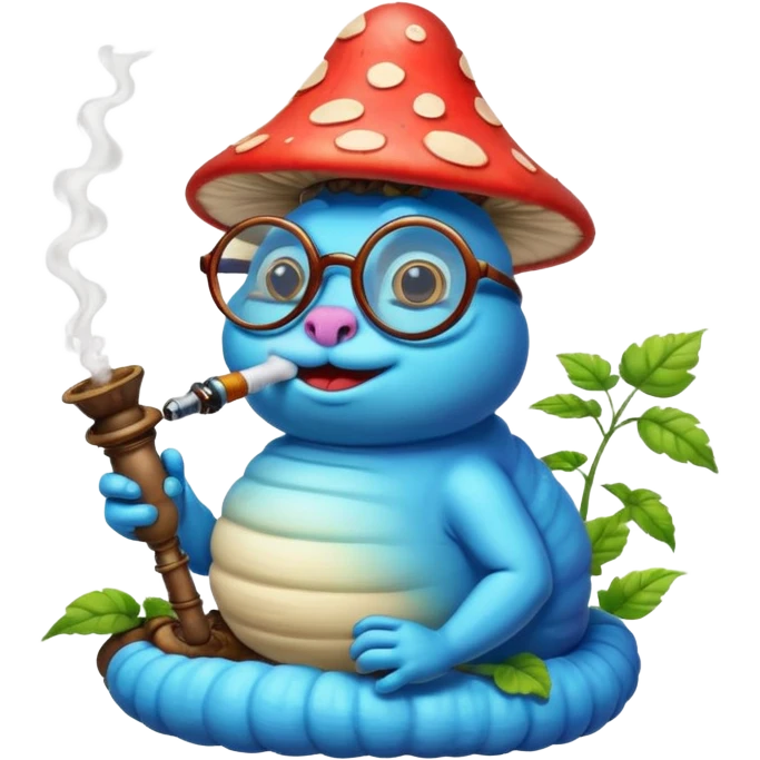 blue caterpillar with round glasses smoking a hooka pipe on top of a mushroom emoji