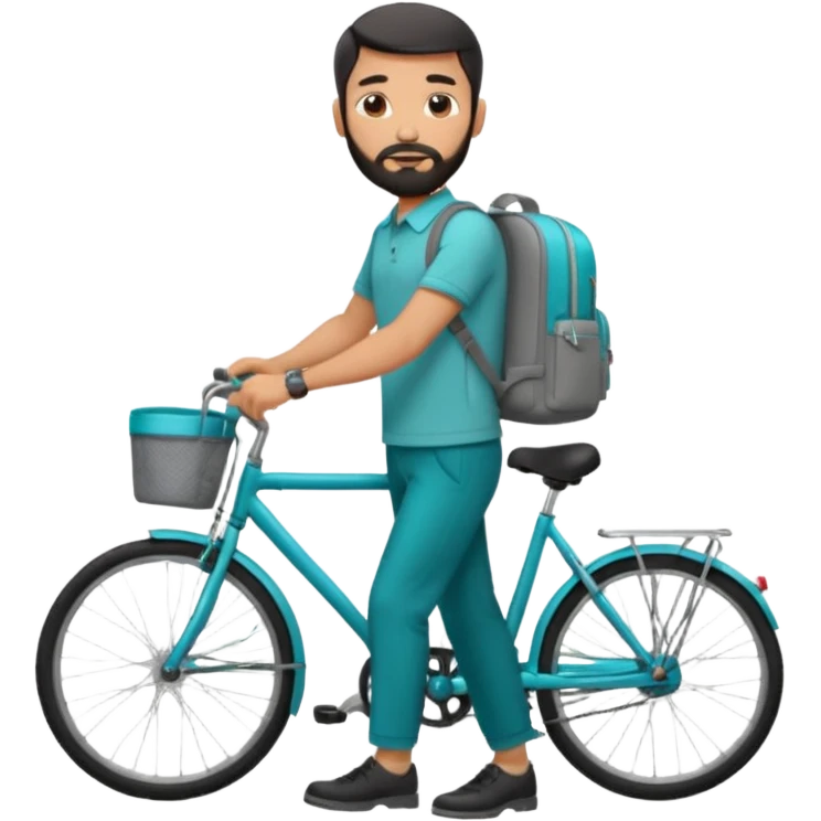 a man with a grey backpack and a torquoise byciycl and he has black shot=rt man hair and a beard with a polo grey shirt and dress pants emoji
