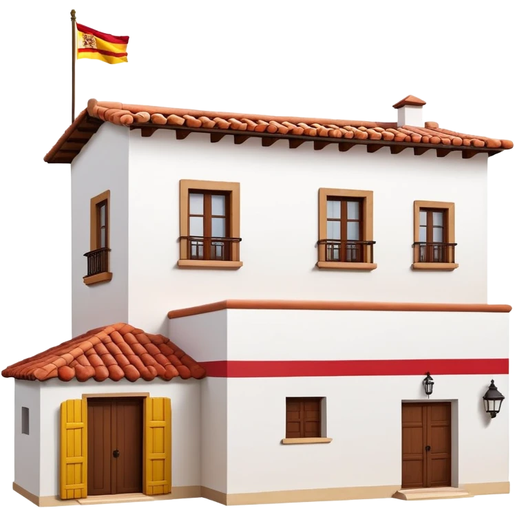 Traditional Spanish hacienda with white walls, terracotta roof, with Spanish flag (red-yellow-red horizontal stripes) hanging prominently from the front emoji