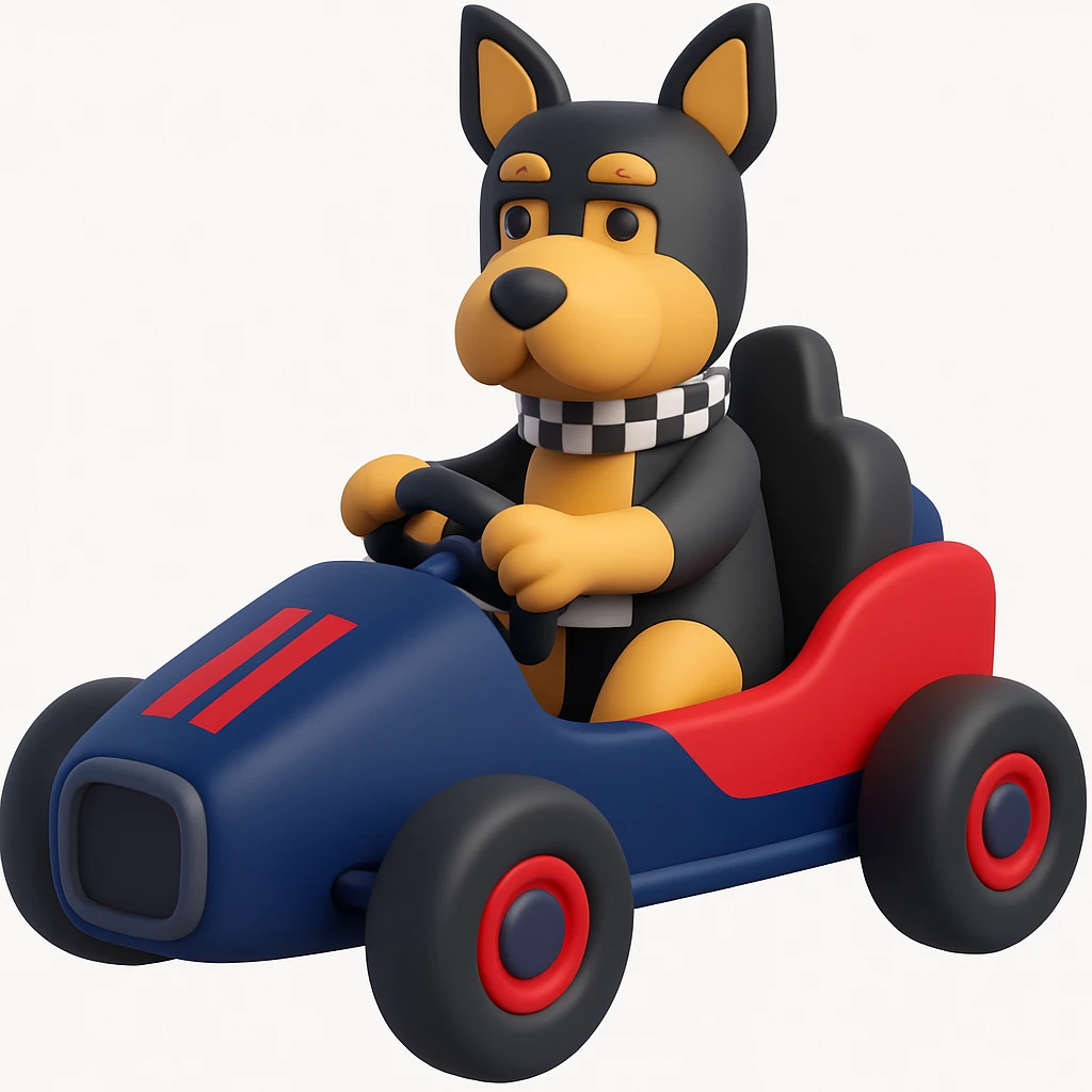 Change the racecar to dark blue and red, keep the black and tan terrier driving. The style is microsoft style 3d fluent emoji style. emoji