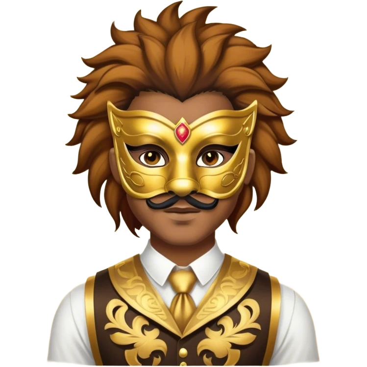 a man, with a vest,  wear half-face golden Lion masquerade mask emoji