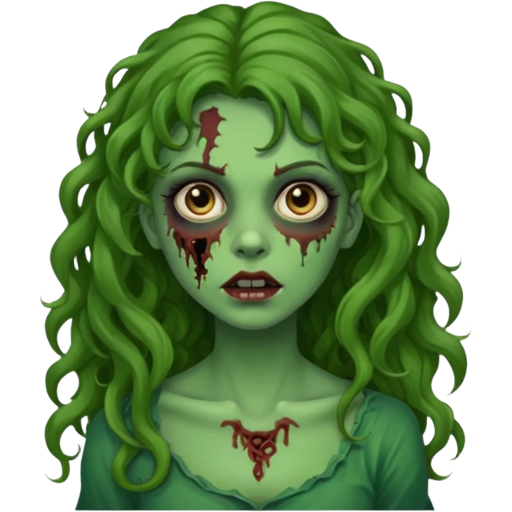 faça uma garota zombie, com a pele verde, cabelo castanho cacheado abaixo do ombro linda emoji