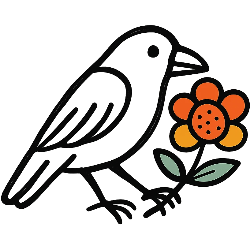 black crow in simple Scandinavian folk art style with bold black outline, holding a bright folk-colored flower motif in its talons, motif also outlined in black, simple and clear design, bright colors for the motif emoji