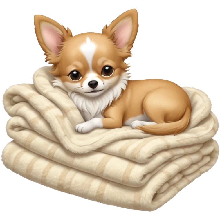 Long haired chihuahua, beige, white chest and socks, sleeping cutely under blanket emoji