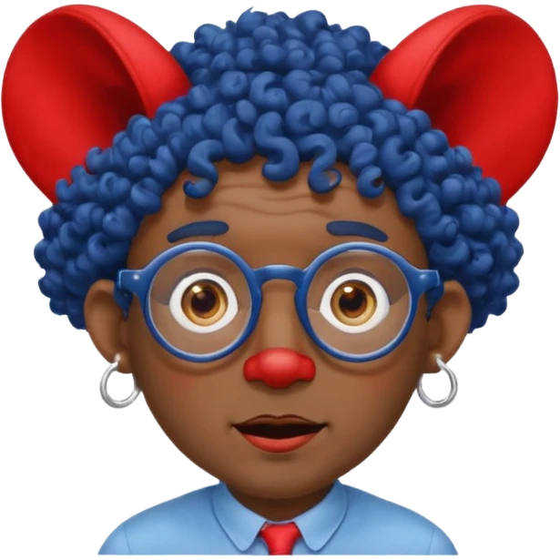 dark blue haired man curly hair with big ears and red earrings and spectacles surprised and hat wearing emoji