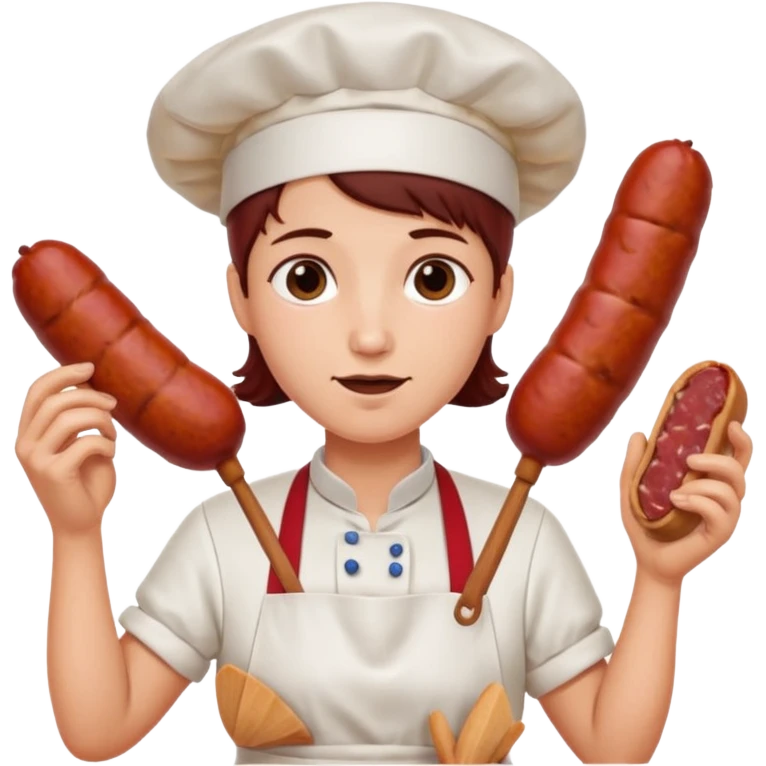 Charcutera con un chorizo y embutido en la mano con una redecilla en el pelo y delantal blanco y añade mucha carne alrededor emoji