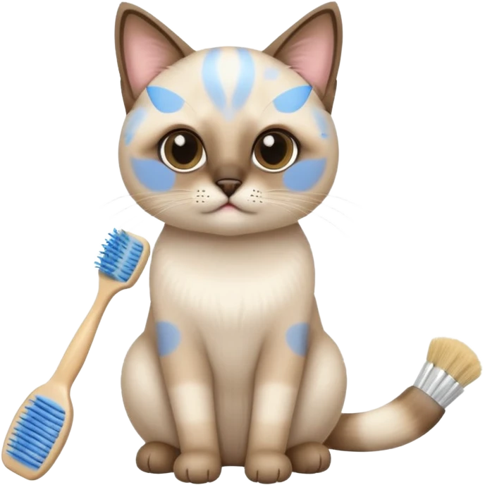 cute siamese cat, tooth brush, hair brush emoji