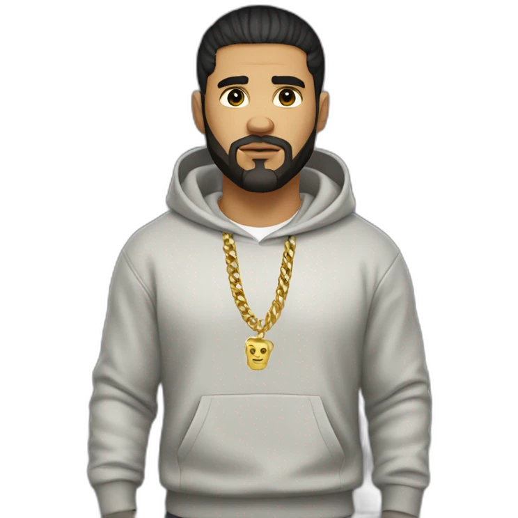 Russian strong thug wearing gold chain with black hair and short beard, mid-fade hairstyle, wearing designer hoodie emoji