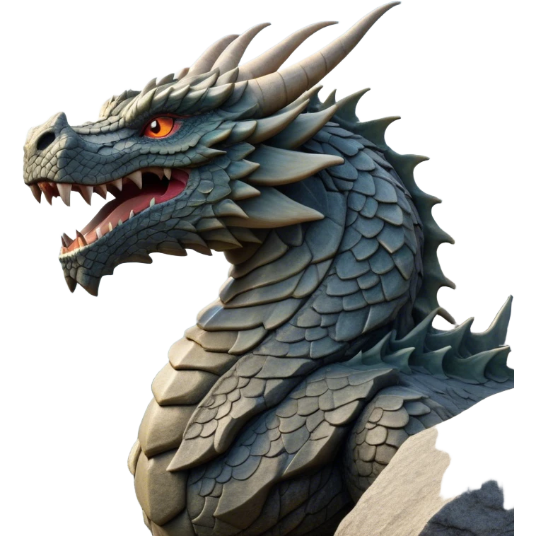 Cinematic Noble Giant Rock Dragon Portrait Emoji, Poised and awe-inspiring, with a massive, rugged form carved from ancient stone, featuring intricately textured scales that resemble weathered granite and basalt, and piercing, stony eyes echoing the strength of timeless mountains; rendered with lifelike detail and earthy natural highlights, high shine, formidable and grounded, styled with an aura of primordial majesty, focused and resolute, soft glowing outline, capturing the essence of an enduring rock titan ready to surge from the screen with ageless power! emoji