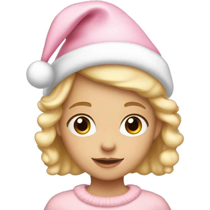 a cute little girl with blond hair and a light pink christmas hat  emoji