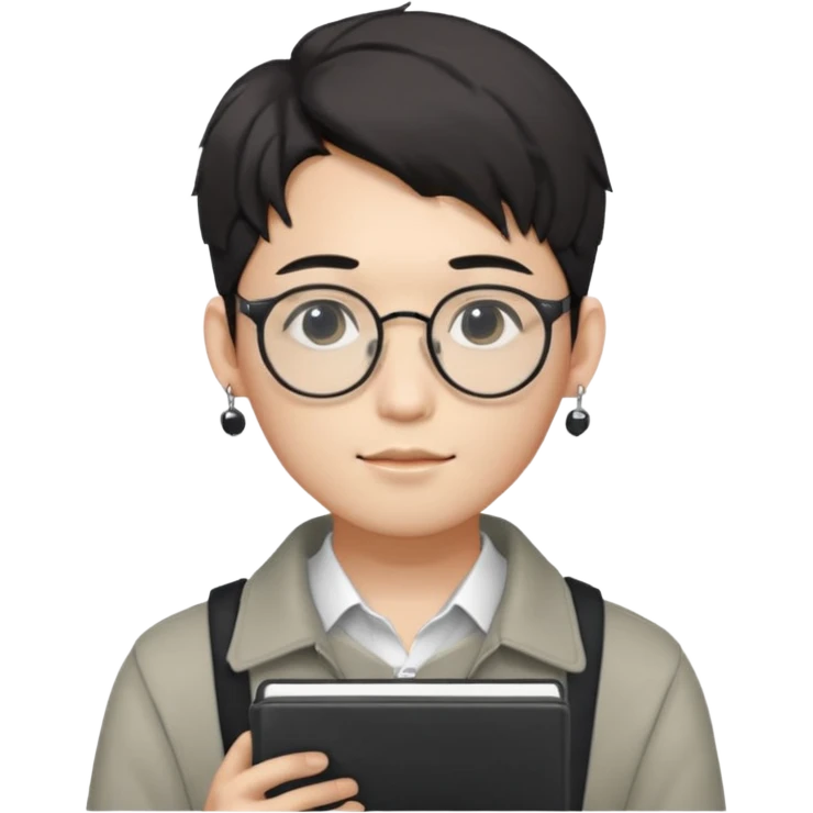 korean male guy 20s wearing an apnotebook, wearing radio earrings, round glasses, achromatic clothes, and achromatic clothes. emoji
