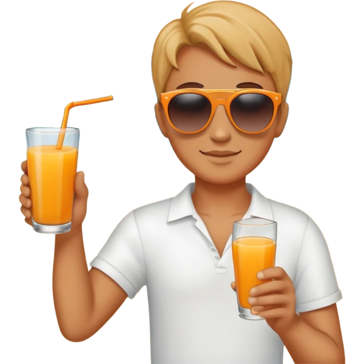 a hand holding fruit juice, wearing sunglasses, with a beach background emoji