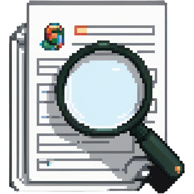 information repository icon with document stack and search magnifying glass emoji