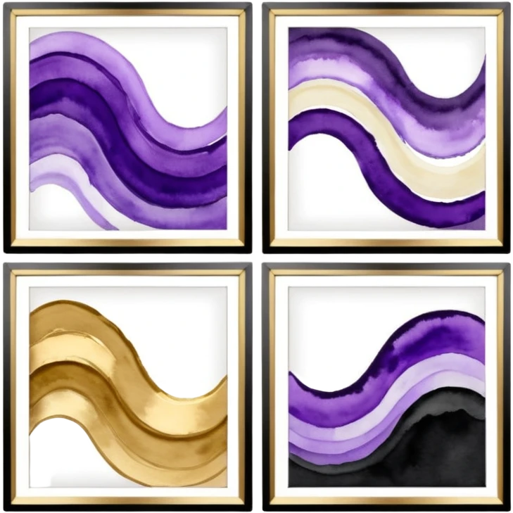 Black, white, gold, purple, abstract Watercolor paintings on three small canvases hanging next to each other  emoji