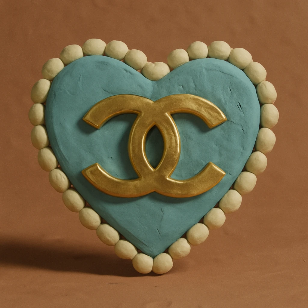 Chanel heart with interlocking C's, metallic gold, pearl border, elegant, claymation style emoji