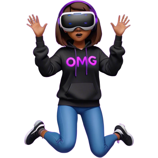 brown haired girl with a bob girl wearing black hoody with violet letters "OMG", in vr headset oculus quest2. jumping. Cyberpunk style. Violet neon. emoji