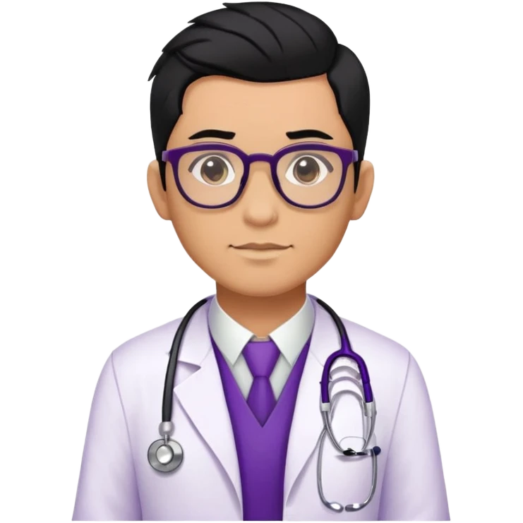 Male doctor tan skin glasses black hair, piercings and tatoos, violet uniform and white bata emoji