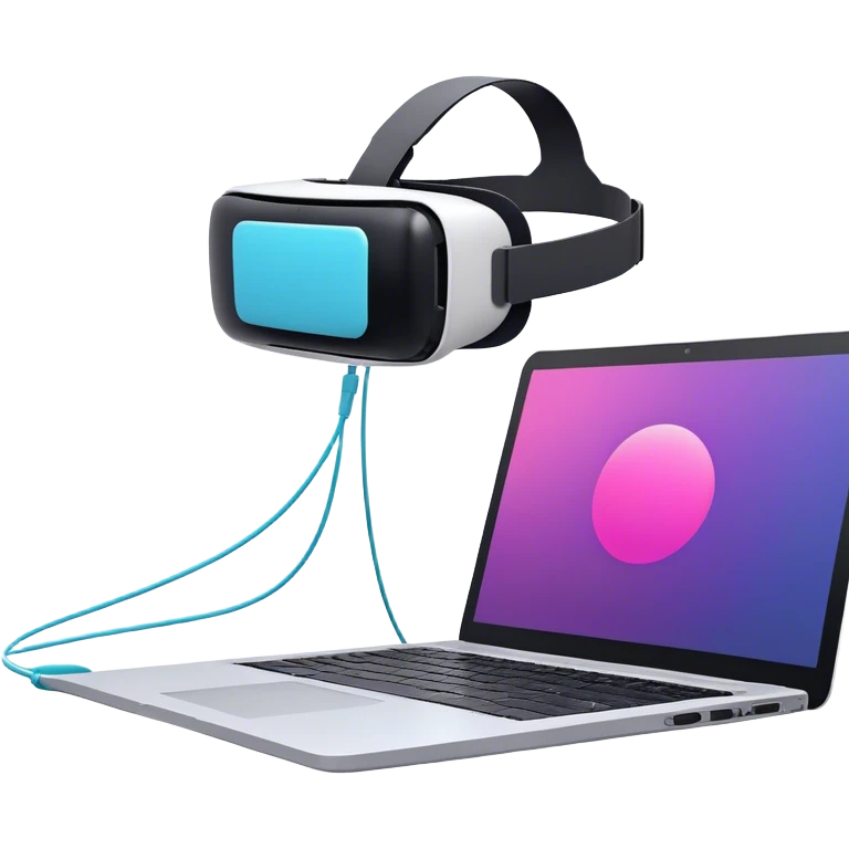 VR headset connected by a wire to a laptop. On the laptop screen, a VR/AR modeling soft is open. Floating 3D models or virtual objects. Modern, tech-inspired colors. No emojis or smiley faces. Transparent background. emoji