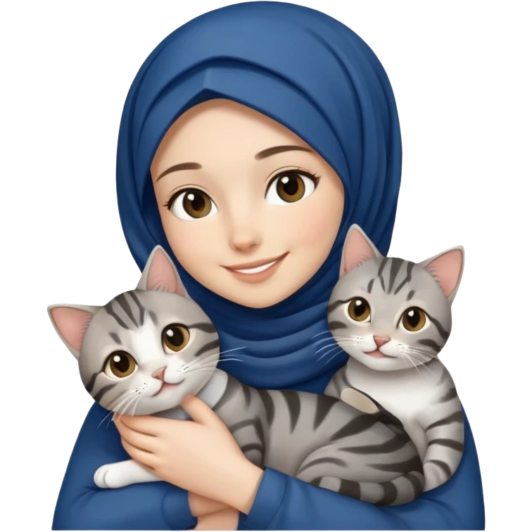 White girl wearing dark blue hijab with white shirt smiling while holding a black grey tabby cat emoji