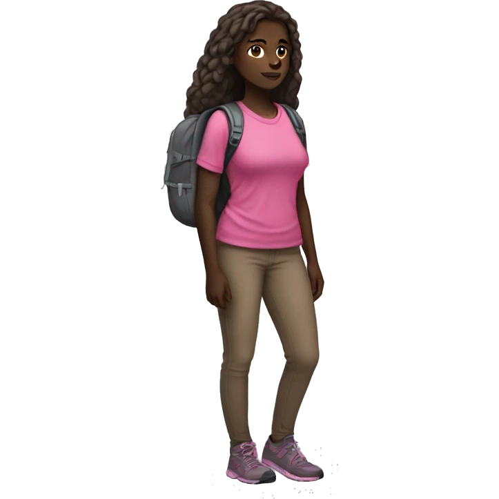Dark skinned girl hiking full body with pink shirt long hair emoji