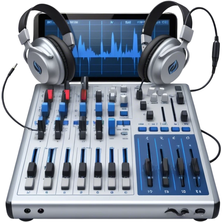 Create a professional and technical emoji that represents sound engineering. The design should feature a sound mixing console with faders, a pair of studio headphones, and audio waveforms to symbolize the precision and technicality of sound mixing and mastering. Include elements like a microphone or audio cables to reflect the recording aspect. Use colors like silver, black, and dark blue to represent the technical, yet artistic side of sound engineering. The background should be transparent. emoji