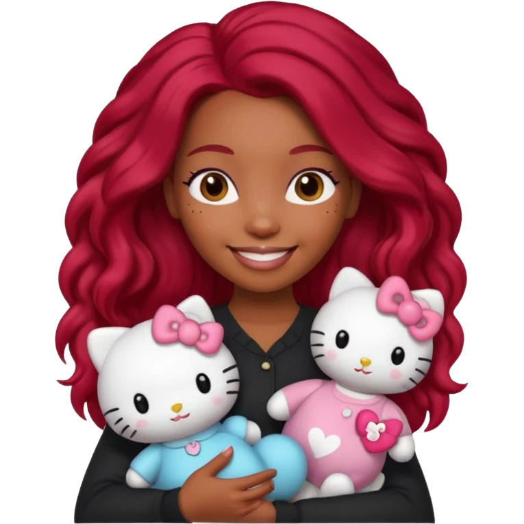 black woman with long brown and red hair, holding a hello kitty plushie  emoji