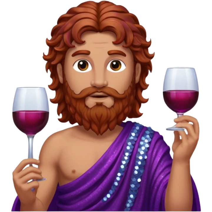 Liber, God of Wine from Roman Deities with long reddish brown wavy hair and beard, purple sequin toga  emoji