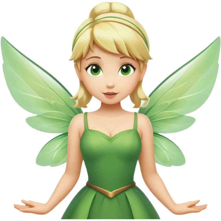 Tinkerbell fairy from hips up, green dress, blonde hair, wings, minimal style, larger size emoji